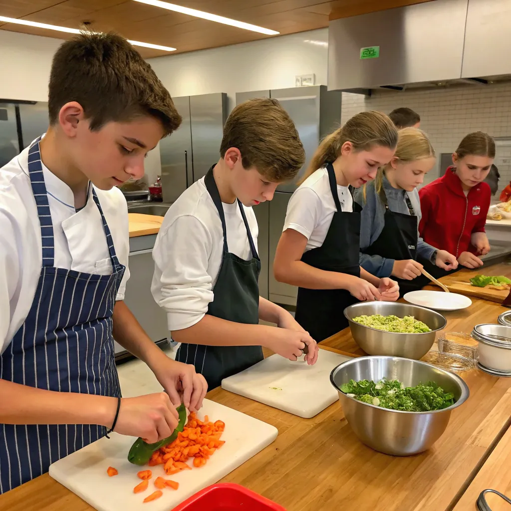 Teens learning to cook in a class