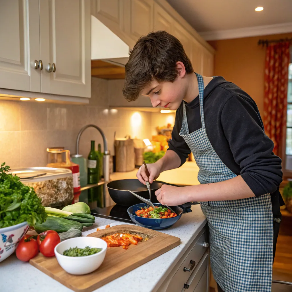 Teen cooking a dish